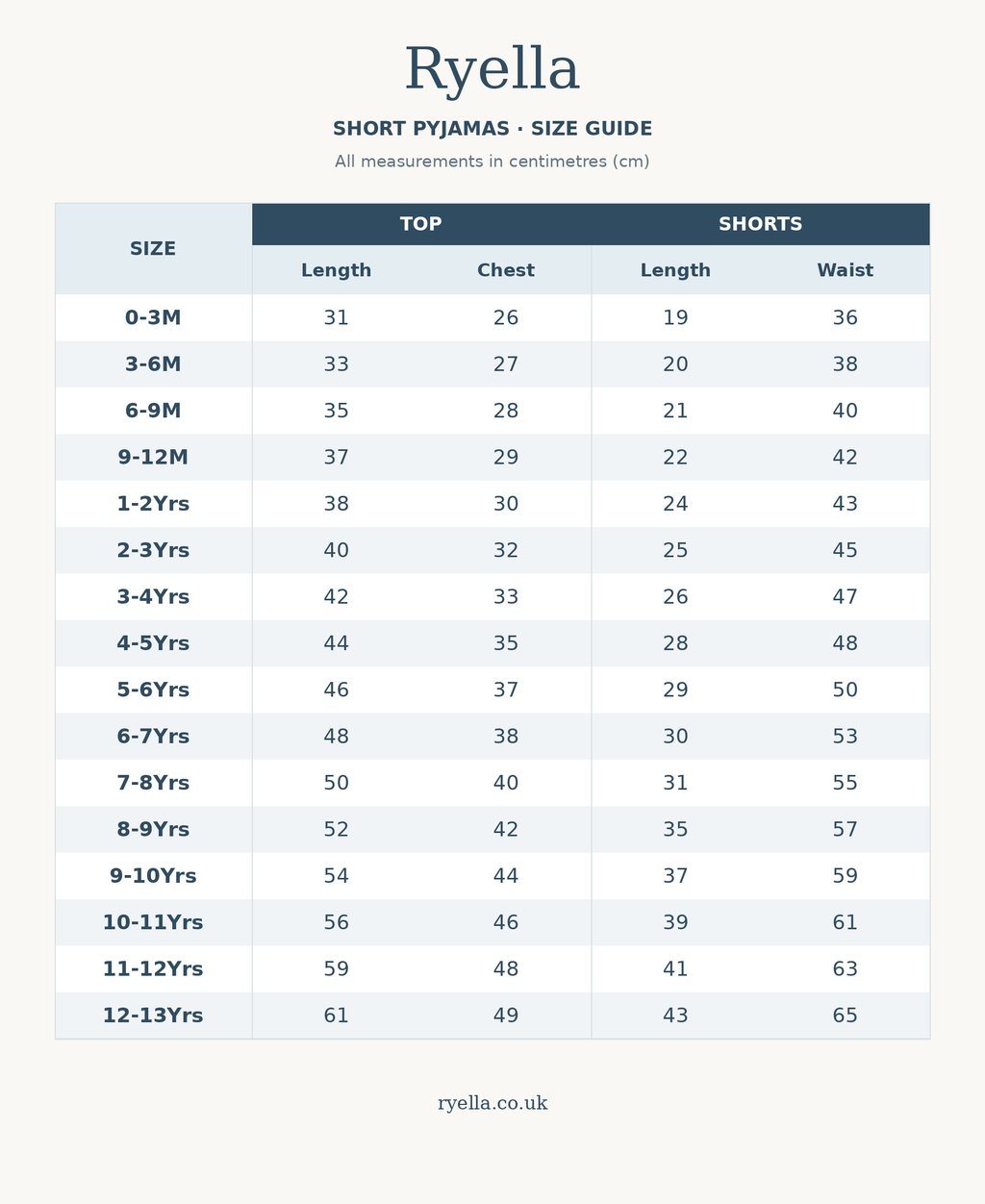 Ryella short pyjamas size guide with top and shorts measurements in centimetres