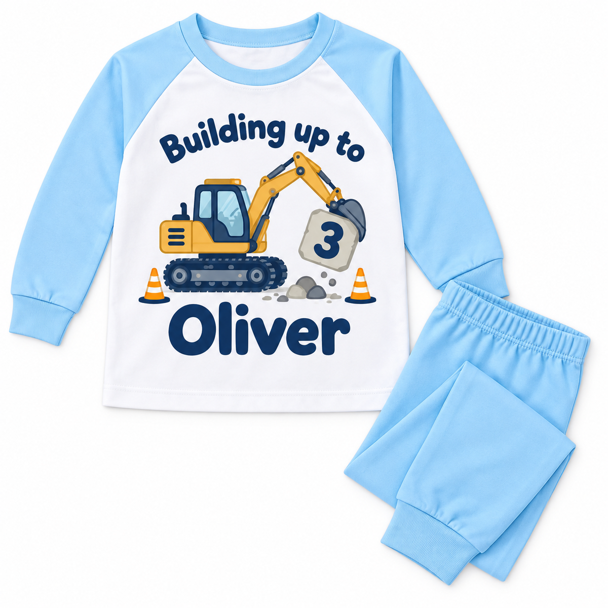 Personalised Boys Construction Birthday Pyjamas – Building Up To [Age] – style Baby Blue Long