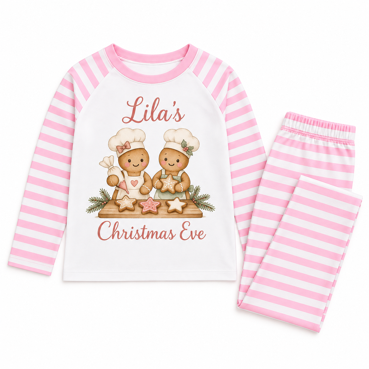 Personalised Girls Gingerbread Christmas Eve Pyjamas – Christmas Bakery – style Pink Stripe