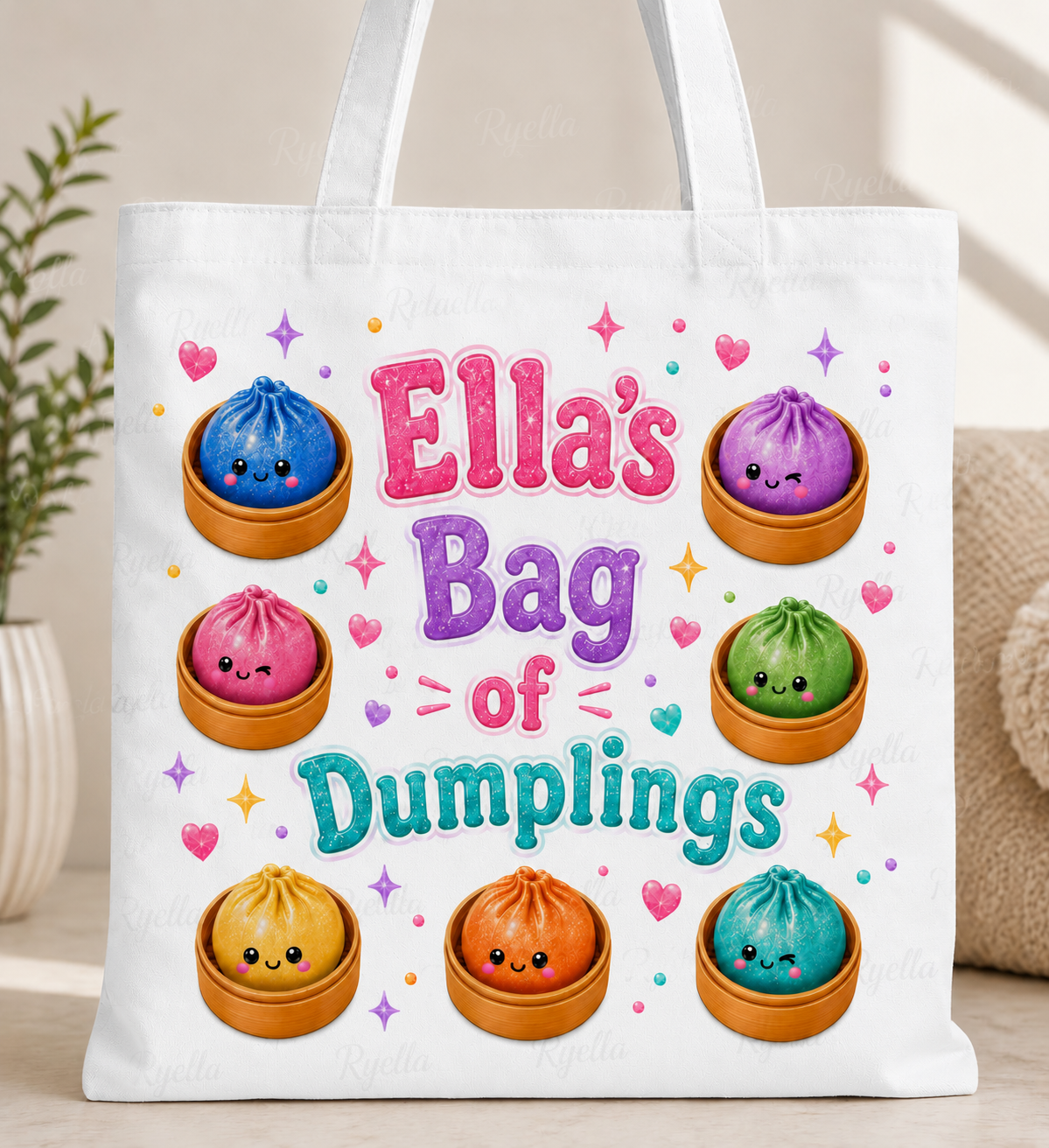 White personalised Bag of Dumplings tote bag close-up with colourful dumplings and name Ella