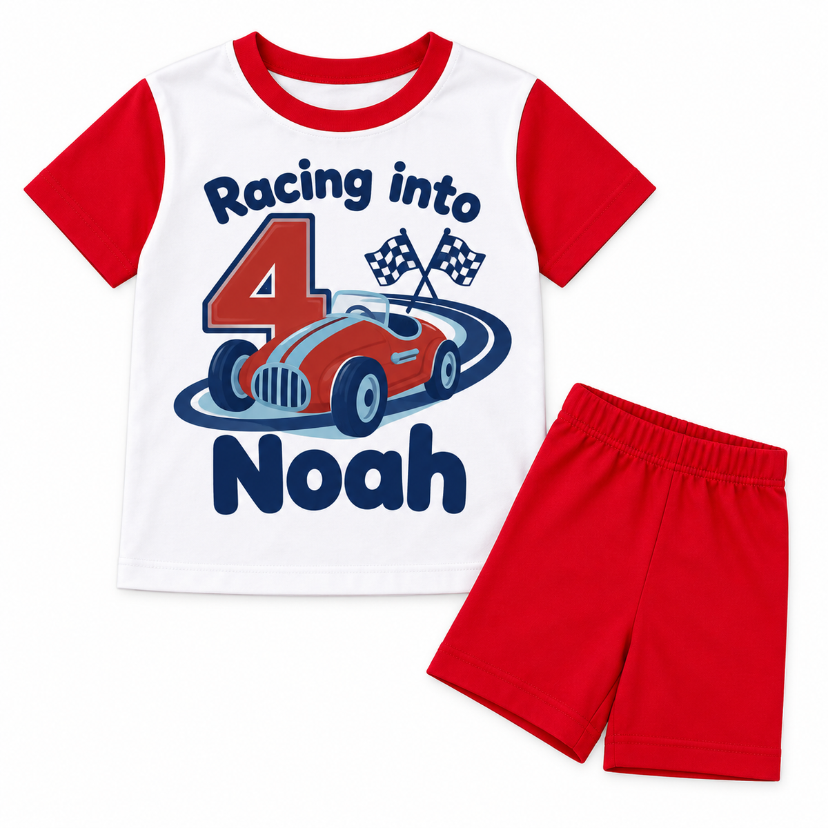 Personalised Boys Racing Car Birthday Pyjamas – Racing Into [Age] – style Red Shorts