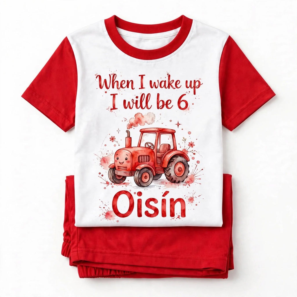When I wake up pyjamas folded red tractor personalised birthday age