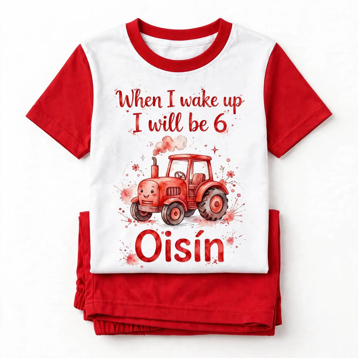 When I wake up pyjamas folded red tractor personalised birthday age