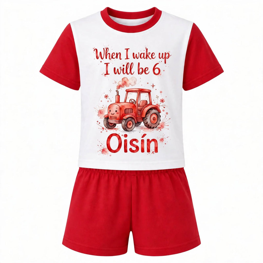 When I wake up I will be 6 pyjamas red tractor personalised Oisin 6M to 13Y front