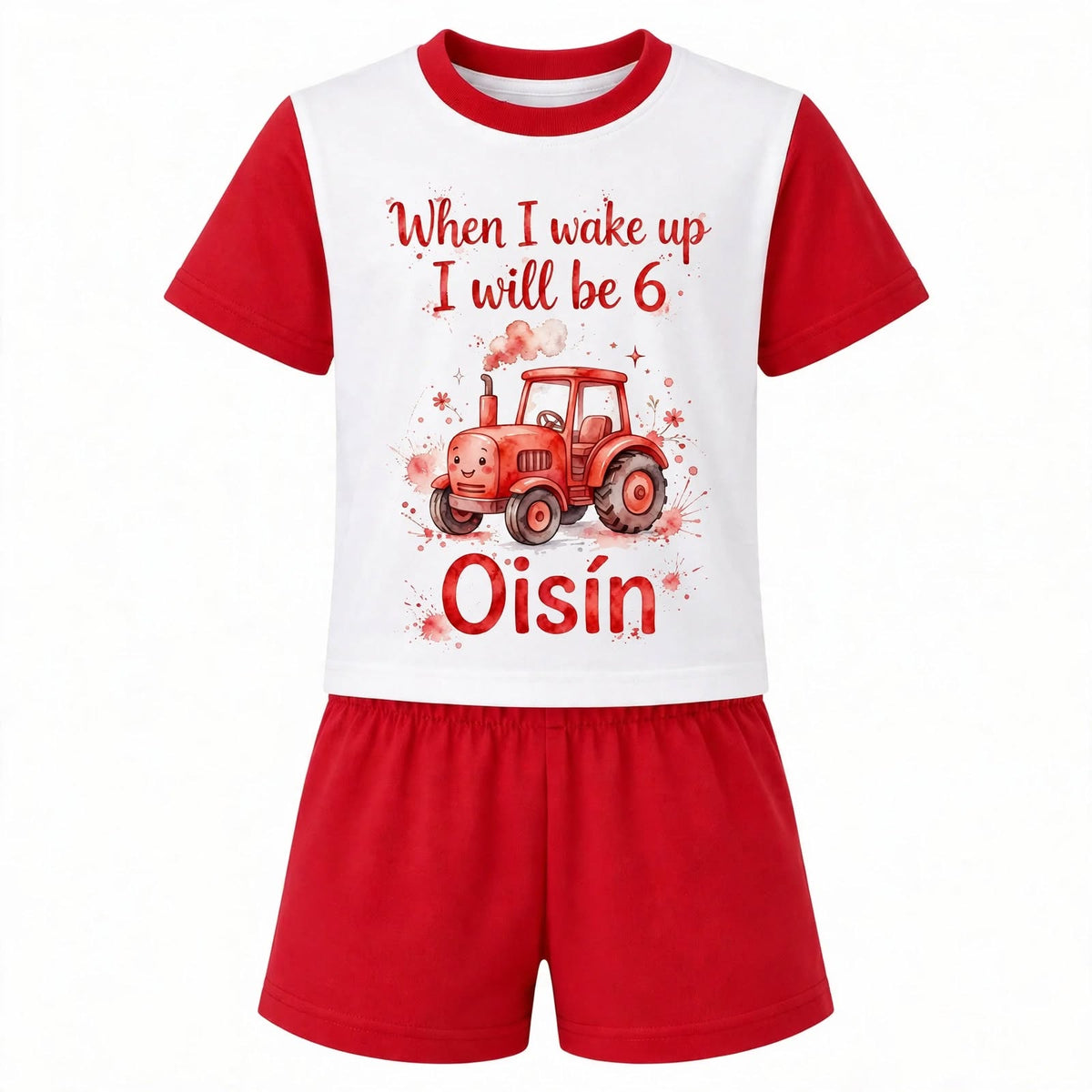 When I wake up I will be 6 pyjamas red tractor personalised Oisin 6M to 13Y front