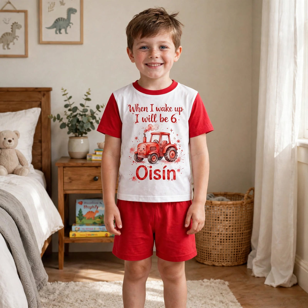 6 year old boy wearing When I wake up I will be 6 red tractor pyjamas personalised in Northern Ireland