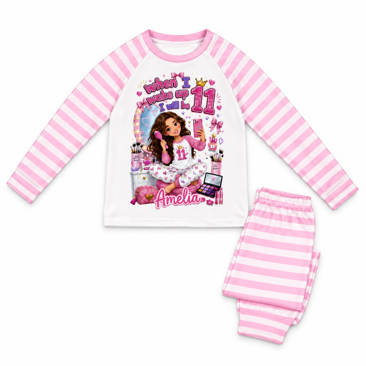 Personalised age 11 birthday pyjama set – folded flat lay