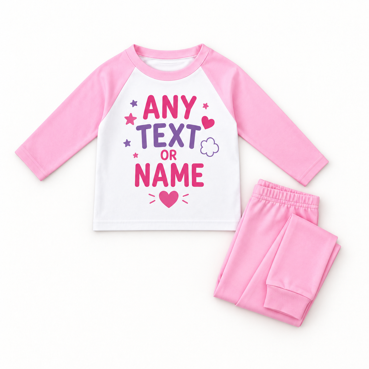 Personalised any text or name pyjama set – folded flat lay