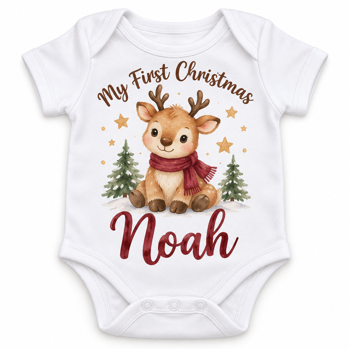 Personalised My First Christmas Baby Vest – Reindeer – personalised example name Noah
