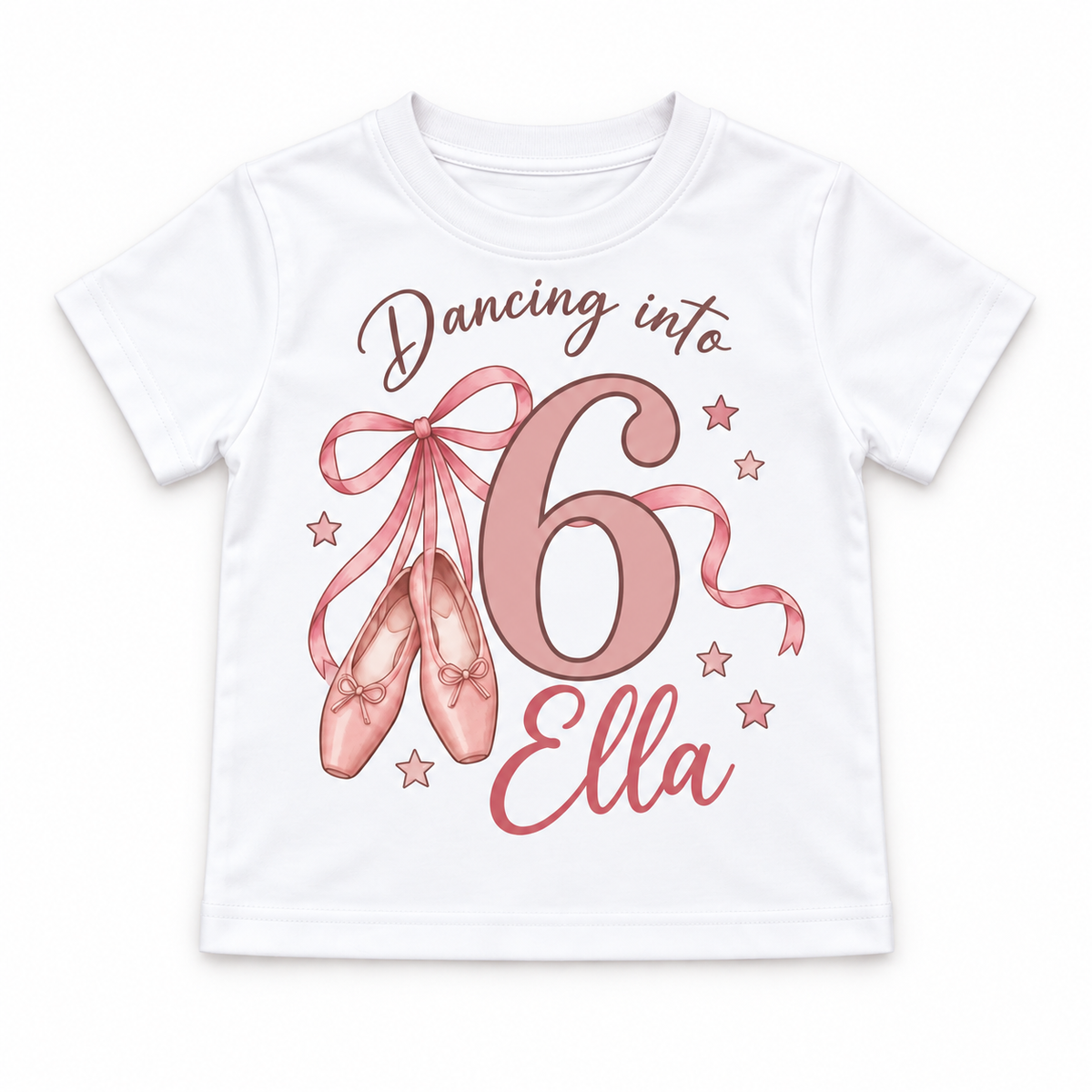 White personalised ballet birthday T-shirt with example name and age
