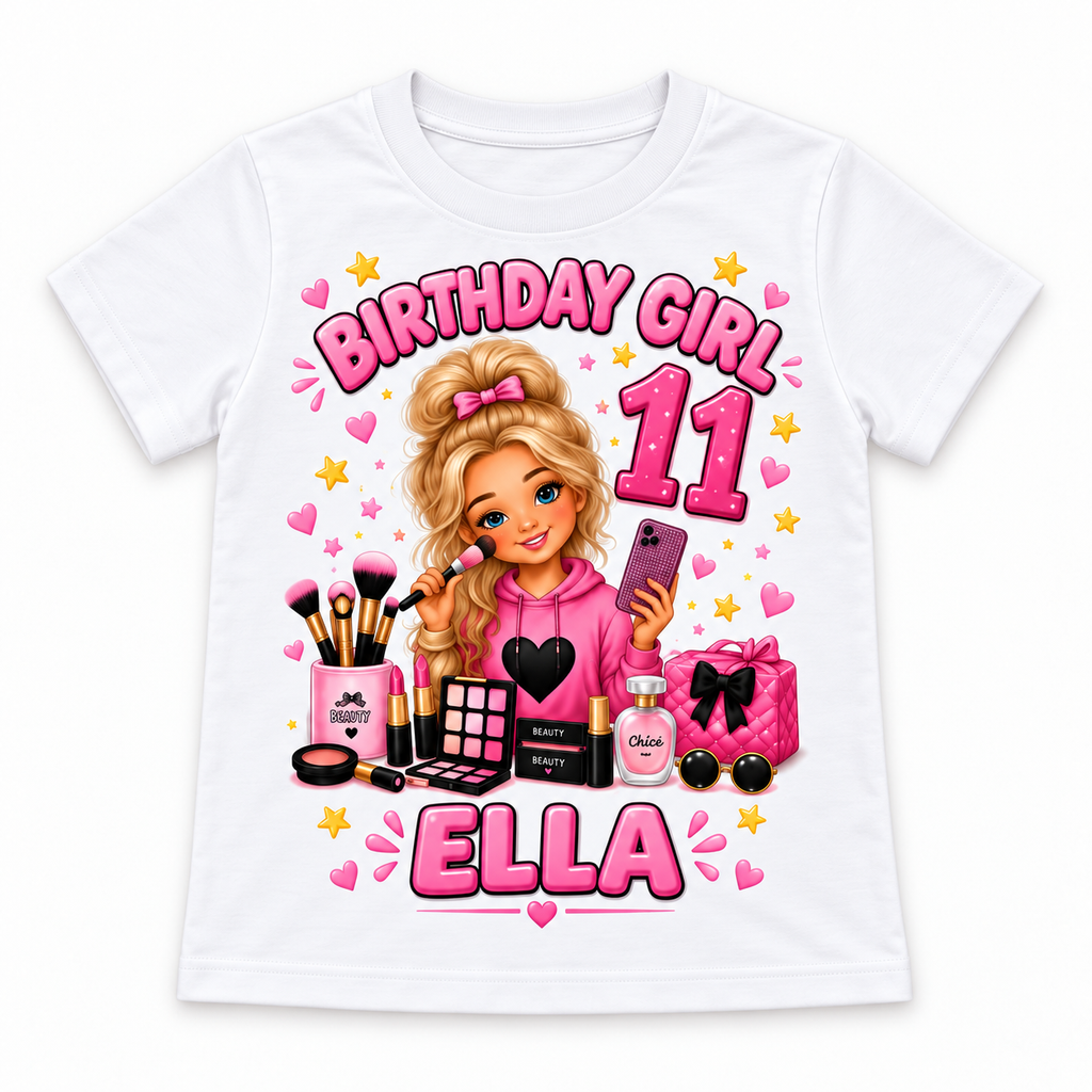 White personalised beauty girl birthday T-shirt with example name and age