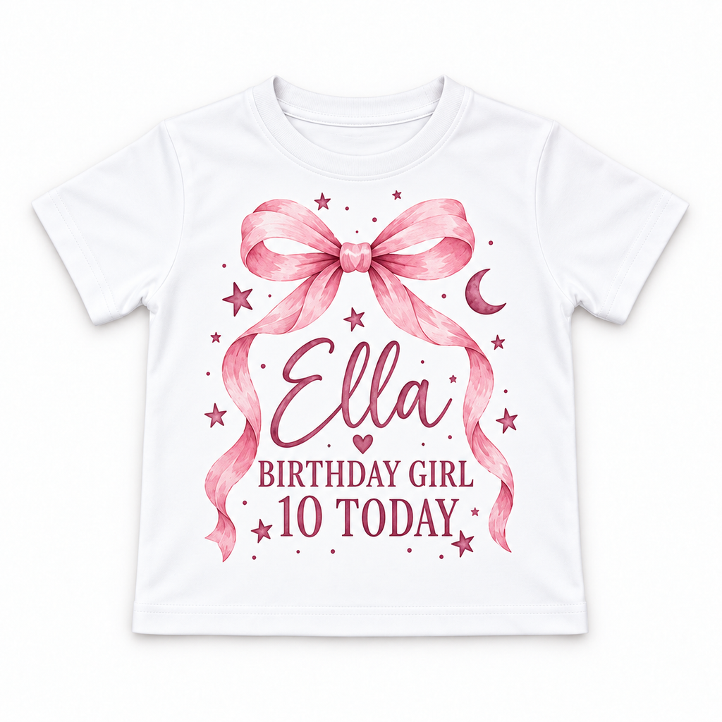 White personalised bow birthday T-shirt with example name and age