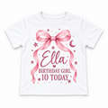 White personalised bow birthday T-shirt with example name and age