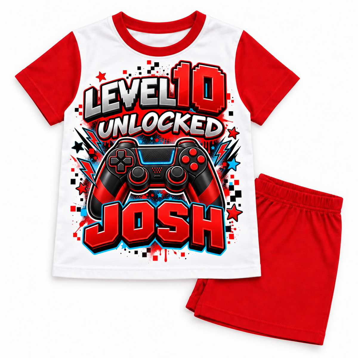 Personalised boys Level Unlocked gaming birthday pyjamas – red shorts set with Josh, age 10 example