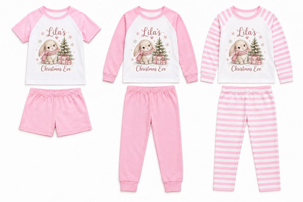 Winter Bunny Christmas Eve pyjamas: pink shorts, long pink and pink stripe sets.