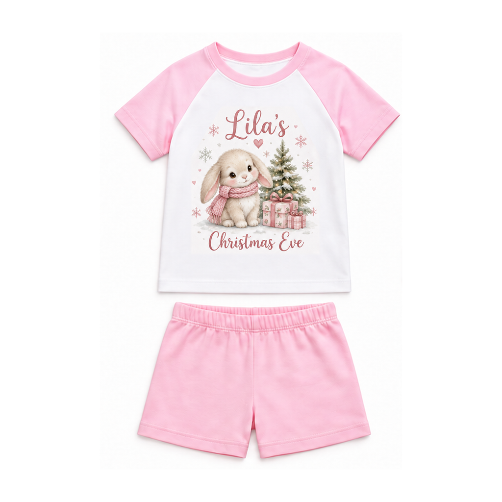 Winter Bunny Christmas Eve personalised pyjamas — Pink Shorts Pyjamas. Full sets on white.