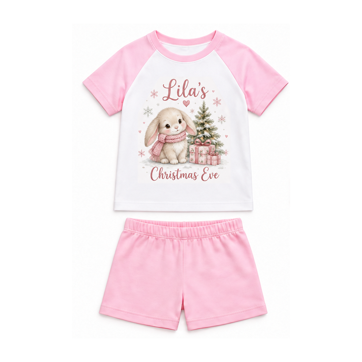 Winter Bunny Christmas Eve personalised pyjamas — Pink Shorts Pyjamas. Full sets on white.