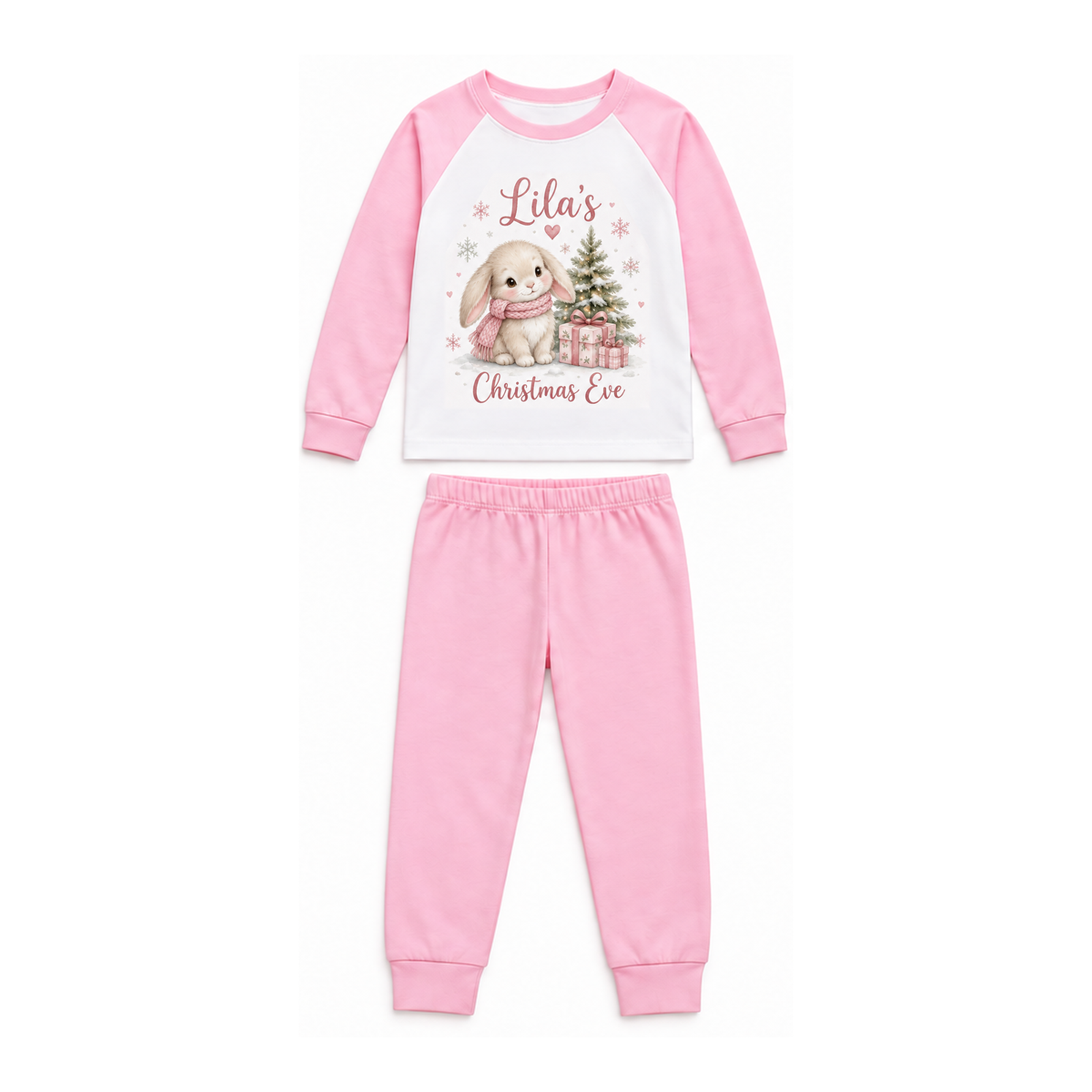 Winter Bunny Christmas Eve personalised pyjamas — Long Pink Pyjamas. Full sets on white.
