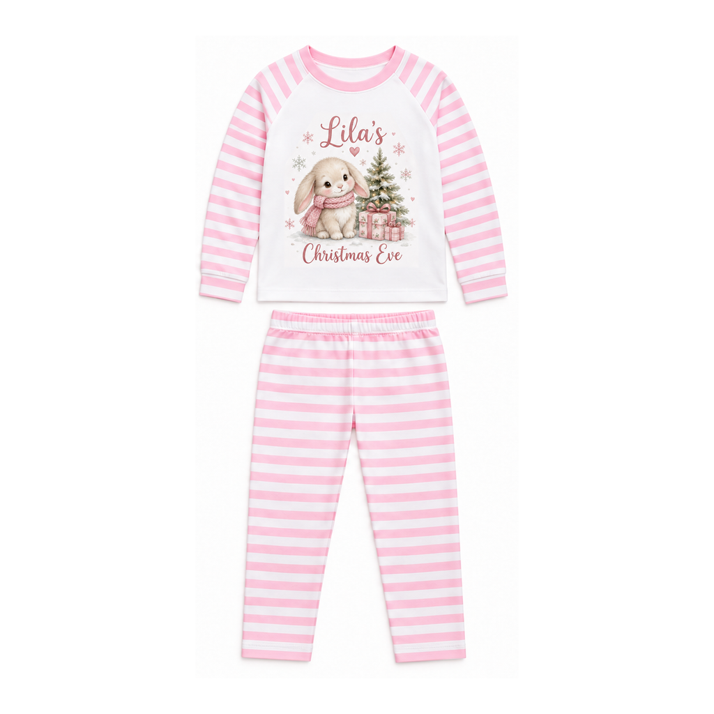 Winter Bunny Christmas Eve personalised pyjamas — Pink Stripe Pyjamas. Full sets on white.