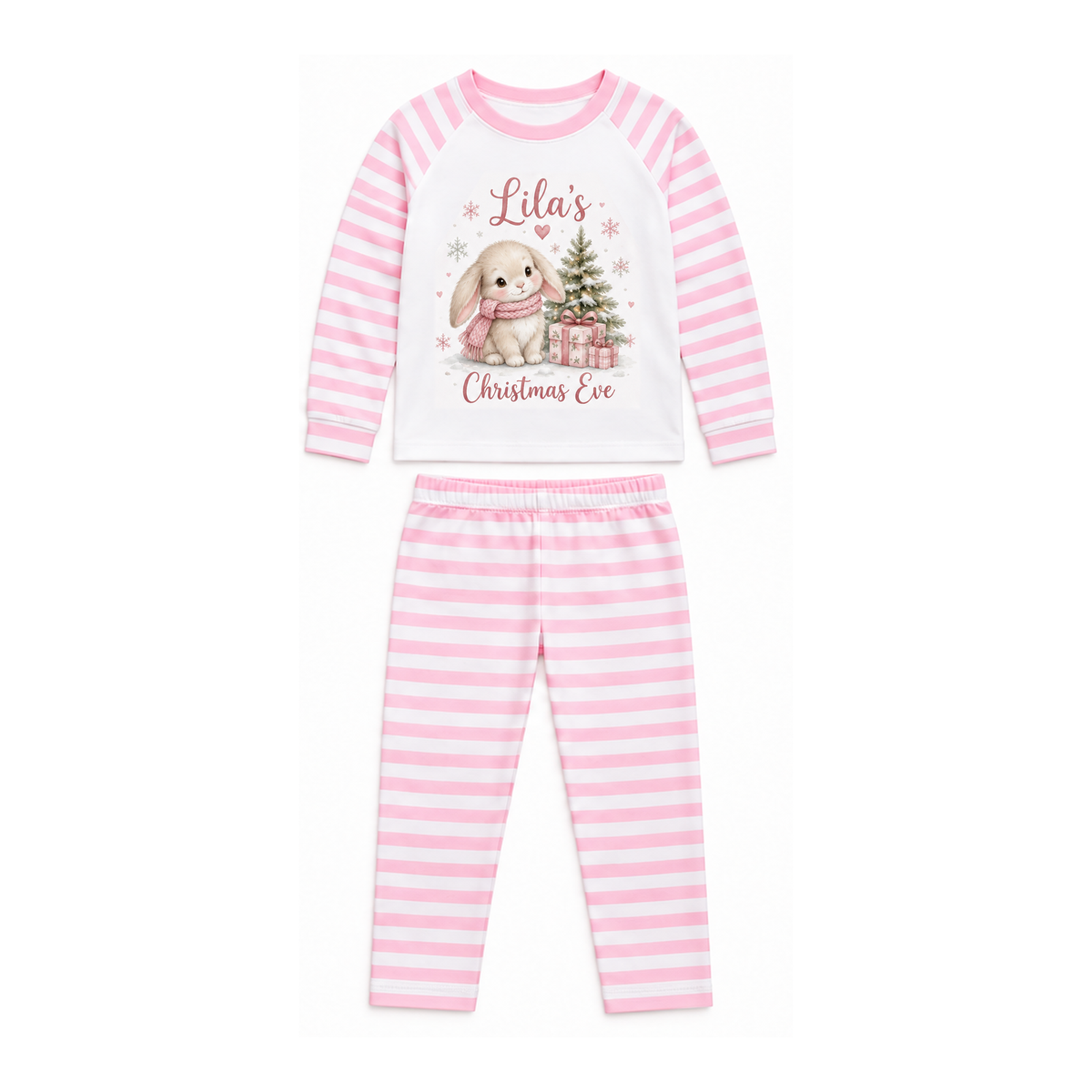 Winter Bunny Christmas Eve personalised pyjamas — Pink Stripe Pyjamas. Full sets on white.