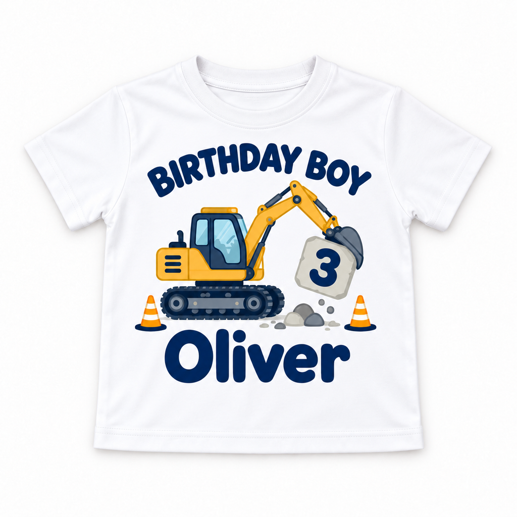 White personalised construction birthday T-shirt with example name and age