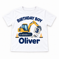 White personalised construction birthday T-shirt with example name and age