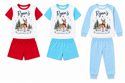 Woodland Deer Christmas Eve personalised pyjamas — Red Shorts Pyjamas, Aqua Blue Shorts Pyjamas, Baby Blue Long Pyjamas. Full sets on white.