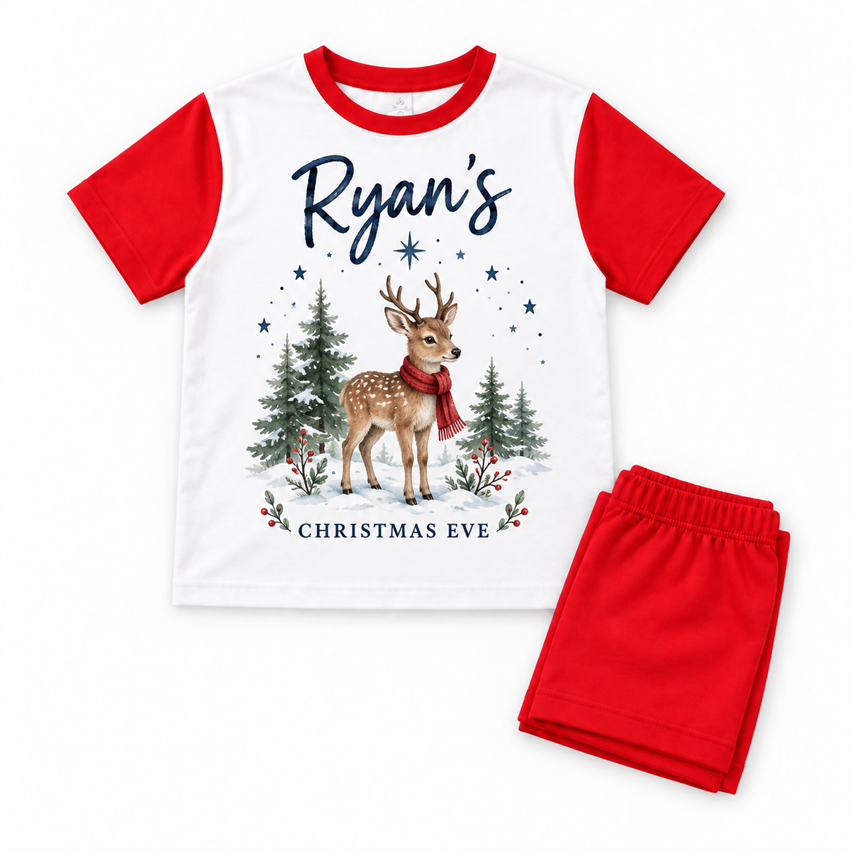 Red shorts pyjama set personalised Ryan’s Christmas Eve with a woodland deer, fir trees and stars on white.