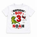 White personalised dinosaur birthday T-shirt with example name and age