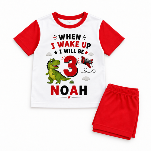 Personalised boys dinosaur birthday pyjama set – folded flat lay