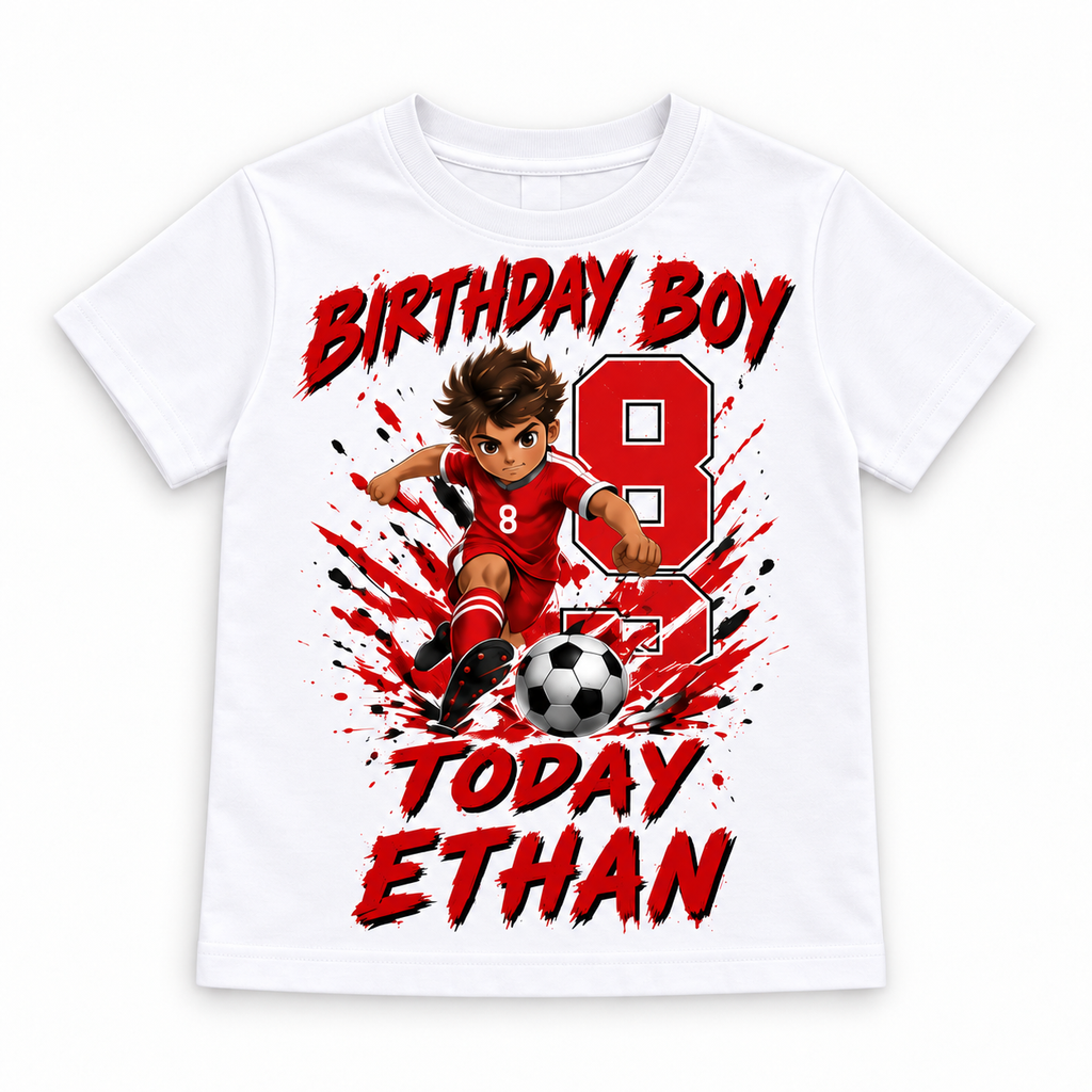 White personalised football birthday T-shirt with example name and age