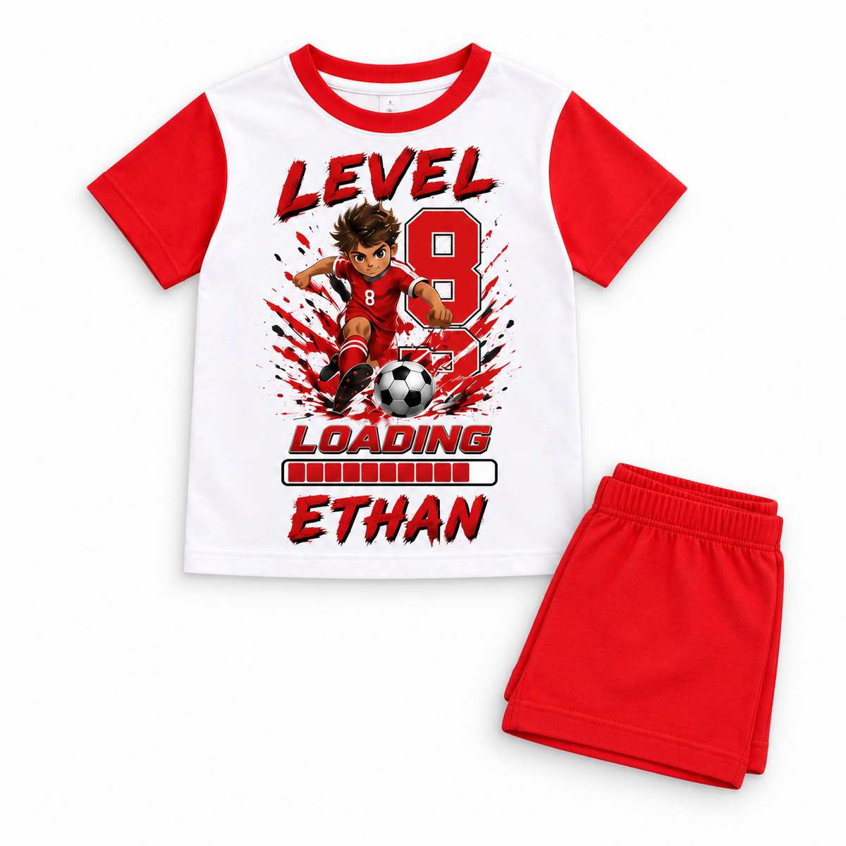 Personalised boys football birthday pyjama set – folded flat lay