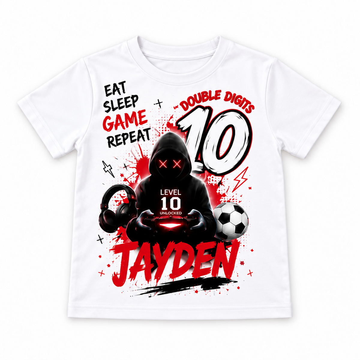 White personalised gamer birthday T-shirt with example name and age
