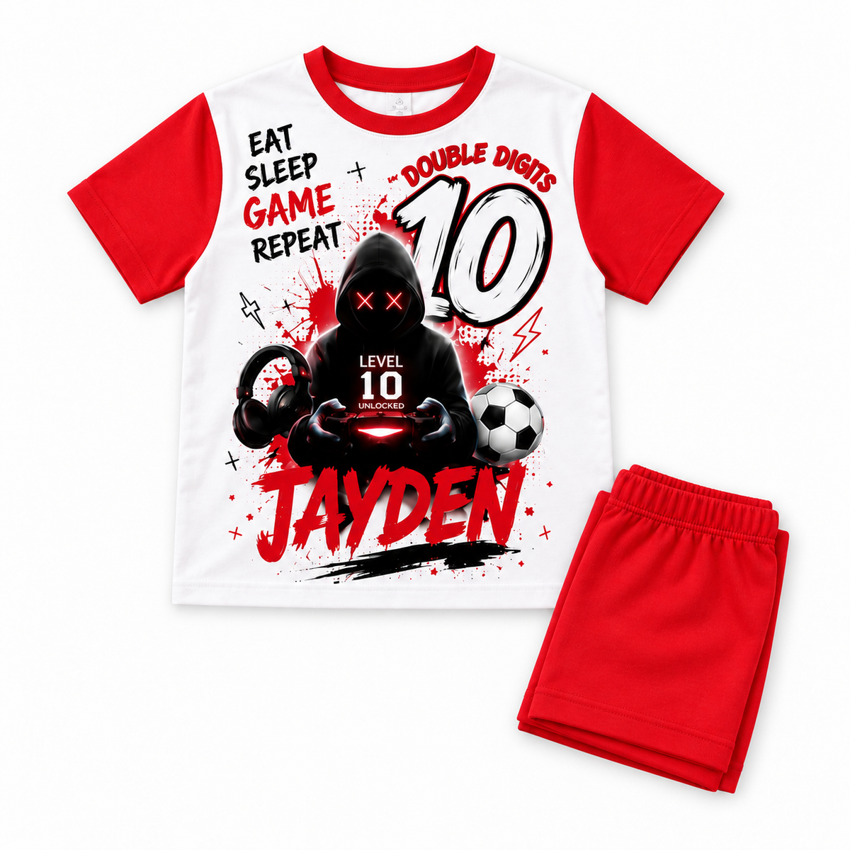 Personalised boys gamer birthday pyjama set – folded flat lay