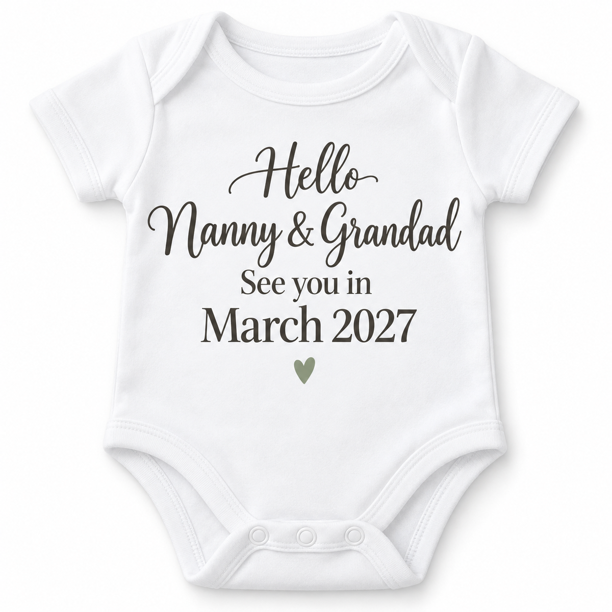 Personalised grandparent reveal baby vest – example Nanny and Grandad, March 2027