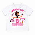 White personalised gymnastics birthday T-shirt with example name and age