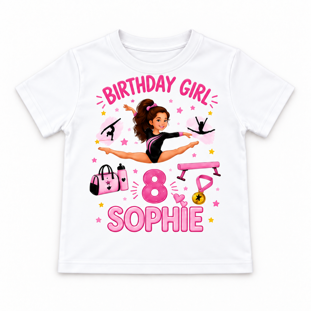 White personalised gymnastics birthday T-shirt with example name and age