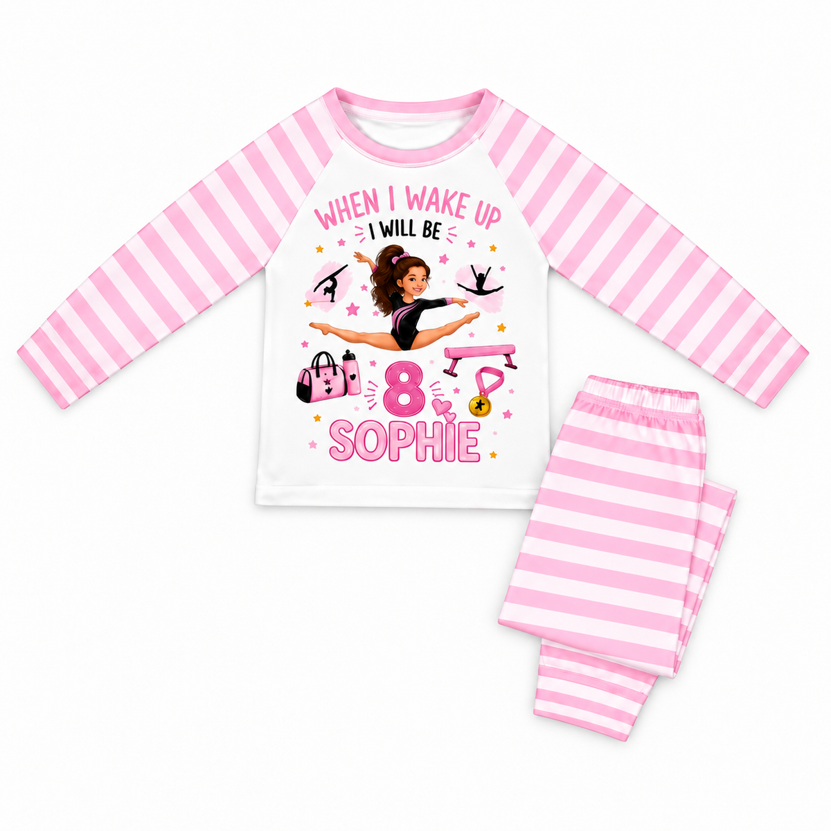 Personalised gymnastics birthday pyjama set – folded flat lay