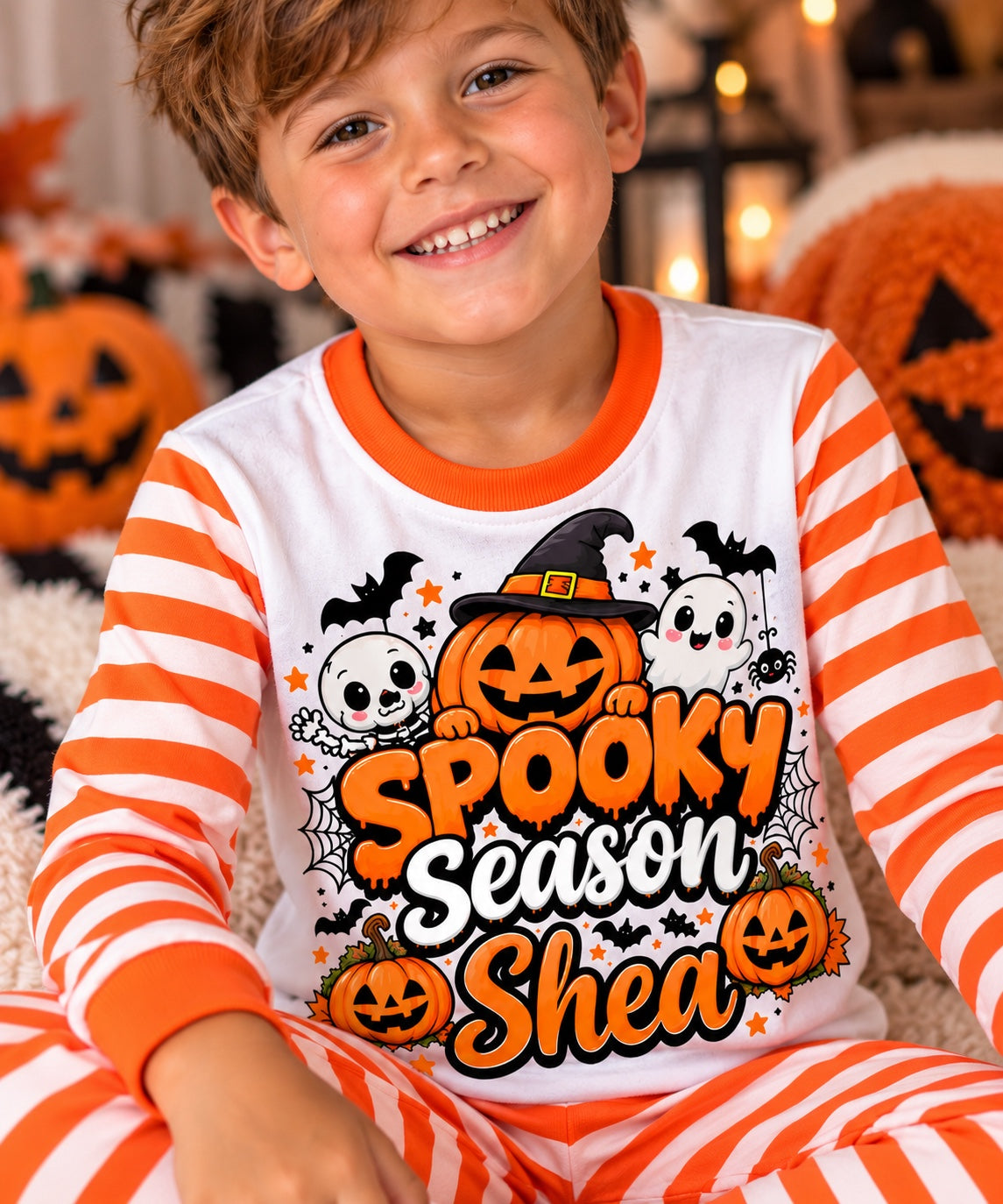 Close-up of Spooky Season pyjamas personalised with Shea