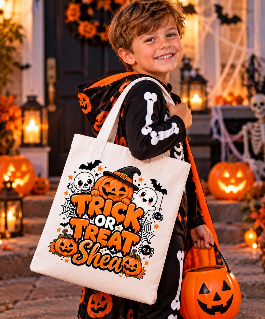 Boy carrying personalised Halloween tote bag
