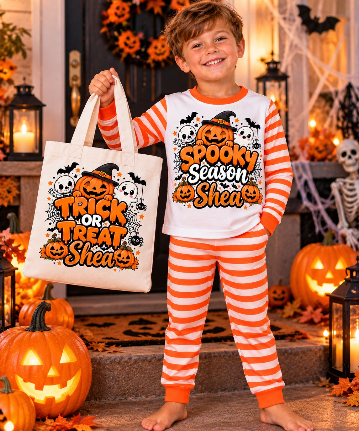Matching personalised orange stripe pyjamas and Halloween tote set