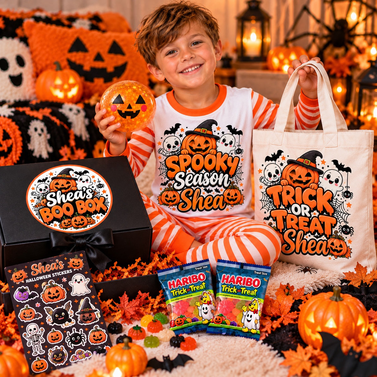 Personalised Halloween Boo Box with pyjamas tote squishy sweets and stickers