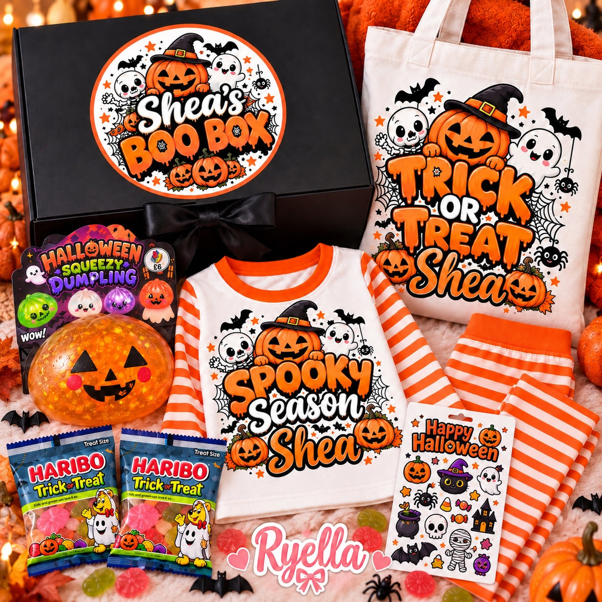 Full Halloween Boo Box gift set with orange stripe pyjamas and matching tote