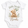 Hello World personalised teddy baby vest with sage balloon and example name Noah