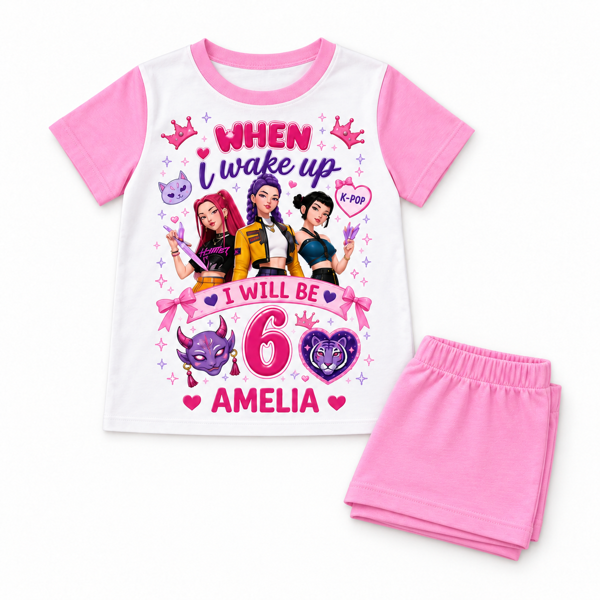 Personalised girls K-pop birthday pyjama set – folded flat lay