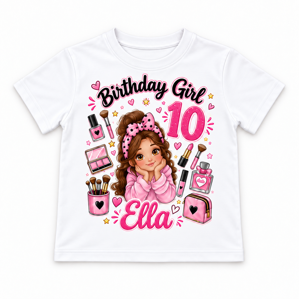 White personalised makeup birthday T-shirt with example name and age