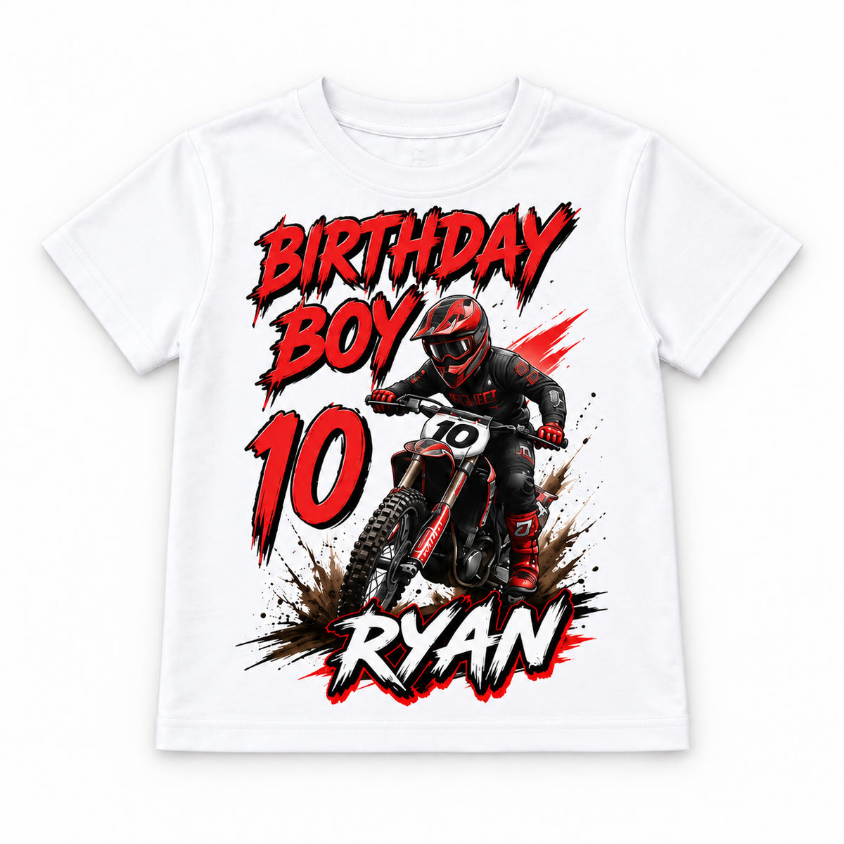 White personalised motocross birthday T-shirt with example name and age