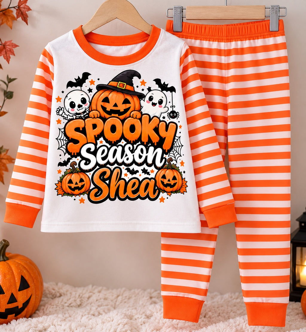 Personalised orange and white stripe Spooky Season pyjamas with Shea example name
