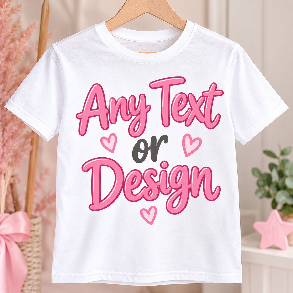 White personalised women’s T-shirt on a hanger with pink Any Text or Design example print