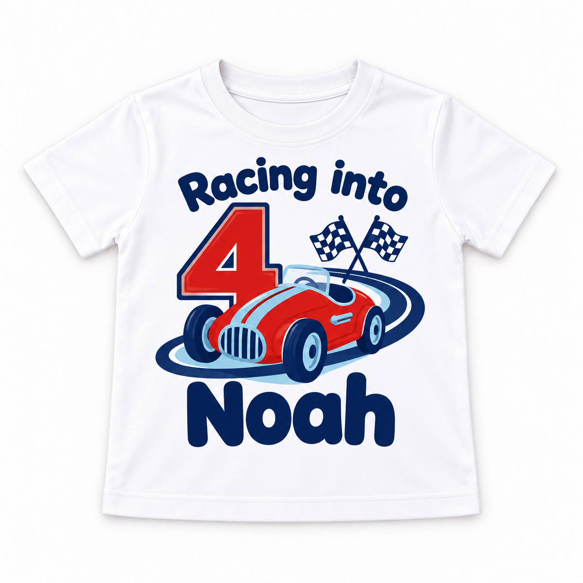White personalised racing birthday T-shirt with example name and age
